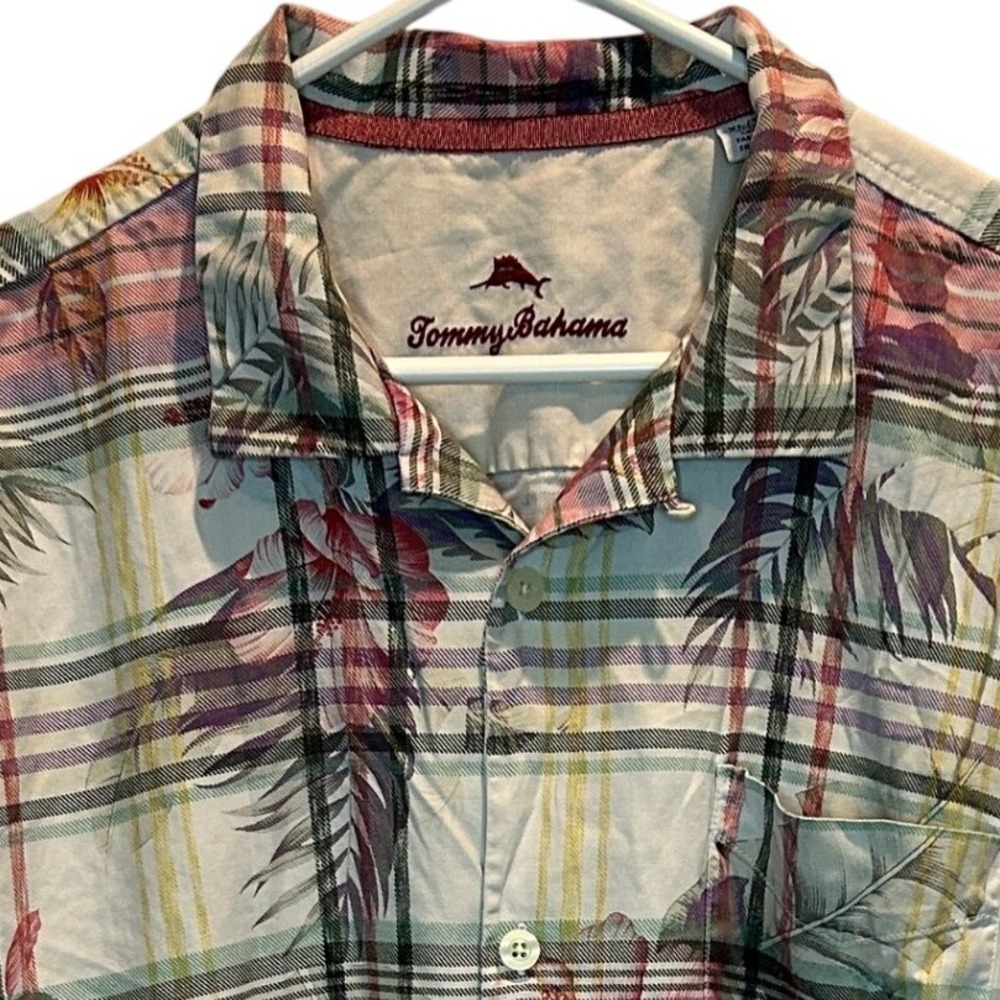 Tommy Bahama Men's XL 100% Silk Hawaiian Plaid Floral Tropical Button Down Shirt